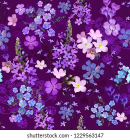 Trendy Soft and gentle in the dark garden full of blooming flower seasonal seamless pattern vector ,hand drawing style for fashion, fabric and all prints on navy blue background.