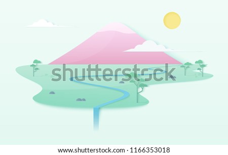 Trendy soft gradient clean world illustration concept with mountain, river, trees, sun, clouds and waterfall. Japanese style pink mountain on island template poster.