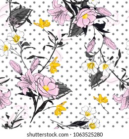 Trendy and softy blooming light pink flowers seamless pattern vector on pollka dots on white background for fashion fabric and all prints in hand drawn style. Trendy and softy blooming light pink flowers seamless pattern vector on pollka dots on white background for fashion fabric and all prints in hand drawn style.