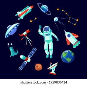 Colección de imágenes planas de elementos espaciales de moda. Astronauta de dibujos animados, OVNI, alienígena, satélite, planetas y estrellas aislados en ilustraciones de vectores de fondo blanco. Concepto de galaxia y astronomía