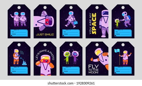 Trendy special tag designs with astronauts in space. Cartoon cosmonauts, aliens and robot on colorful background. Galaxy adventure and universe concept. Template for greeting labels or invitation card