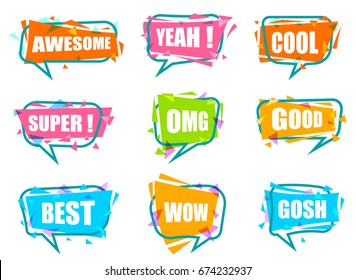 Trendy speech bubble colorful set. Most commonly used acronyms and replica collection. Awesome, yeah, cool, super, omg, good, best, wow, gosh label isolated on white background vector illustration.