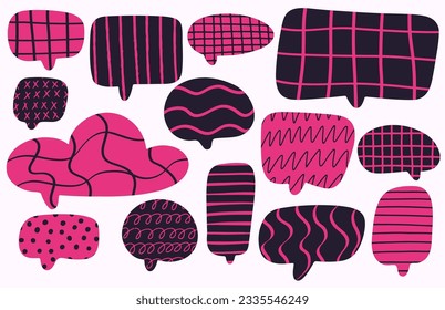 Trendy speech bubble. Dark pink colors. Set of textured cloud. Cartoon style. Hand drawn doodle. Journal Stencils. 