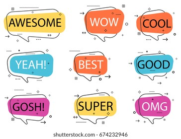 Trendy speech bubble isolated set. Awesome, yeah, cool, super, omg, good, best, wow, gosh label isolated vector illustration. Most commonly used acronyms, abbreviation, and replica collection.