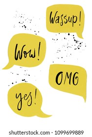Trendy speech bubbles in comics design with short handwritten messages. Hand lettering - wow! OMG, wassup, yes