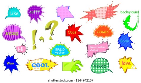 Trendy speech bubbles in retro style. Colorful set with short messages. Comic pop art style background. Banner for sale or lable template. Vector