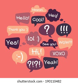 Trendy speech bubbles set in flat design with short messages.