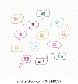 Trendy speech bubbles set in flat design with short messages.