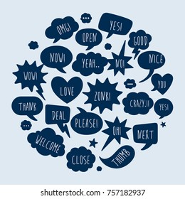 Trendy speech bubbles set in flat design with short messages