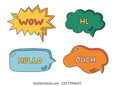 Trendy speech bubbles set with hand drawn talk phrases in the different shapes. Online chat clouds with dialog words Wow, Hi, Hello, Ouch. Oval, round, square, cloud, heart shaped bubbles.