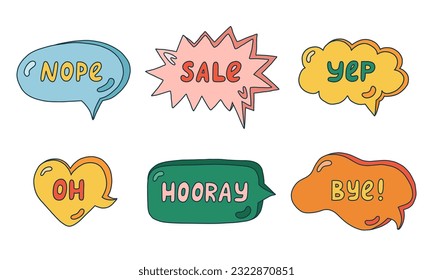 Trendy speech bubbles set with hand drawn talk phrases in the different shapes. Online chat clouds with dialog words Nope, Sale, Oh, Yep, Hooray, Bye. Oval, round, square, cloud, heart shaped bubble