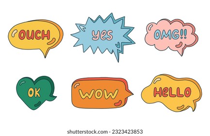 Trendy speech bubbles set with hand drawn talk phrases in the different shapes. Online chat clouds with dialog words Ok, Yes, Hello, Wow, OMG, Ouch. Oval, round, square, cloud, heart shaped bubbles