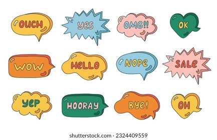 Trendy speech bubbles set with hand drawn talk phrases in the different shapes. Online chat clouds with Ok, Yes, Yep, Hello, What s up, Sale, Wow, OMG, Bye and other dialog words. Colorful doodles.