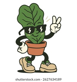 Trendy spinach leaf icon wearing sunglasses and flashing a peace sign, great for health campaigns, eco-conscious branding, and youthful promotional materials.