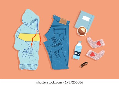 Trendy sport outfit top-down view. Hand-drawn instagram style flatlay illustration. Modern hoodie, jeans, socks and note book on a plain background. Objects are isolated.