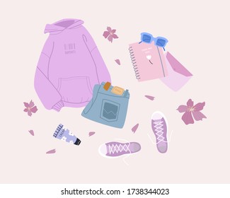 Trendy sport outfit top-down view. Hand-drawn instagram style flatlay illustration. Modern hoodie, jeans, cream, sunglasses, note book on a plain background. All elements are isolated.