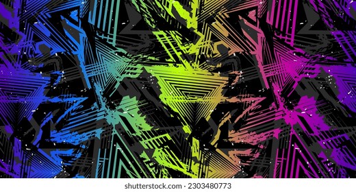 Trendy sport pattern. Abstract vector seamless grunge background. Urban art texture with lines, triangles, chaotic brush strokes. Neon vibrant rainbow color and black. Grunge graffiti pattern design