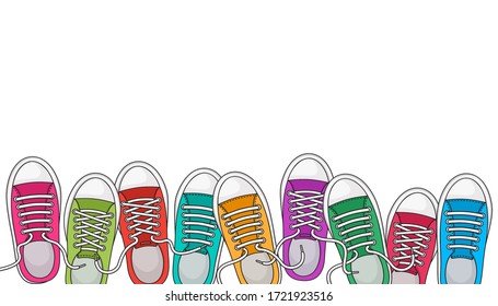 Trendy sports background with colorful sneakers, foot wear. Top view. Space for your text. Vector illustration