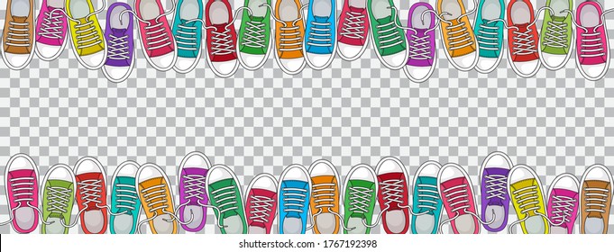 Trendy sports background with colorful sneakers, foot wear on transparent background. Top view. Space for your text. Vector illustration - Powered by Shutterstock - Get 15% off with code: PIKWIZARD15