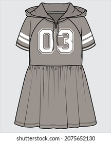 TRENDY SPORTY RAGLAN SLEEVE TERRY HODED DRESS FOR TEEN AND KID GIRLS IN EDITABLE VECTOR FILE