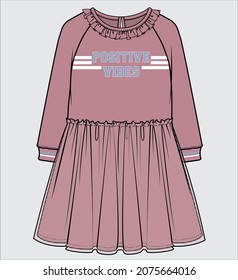 TRENDY SPORTY RAGLAN SLEEVE TERRY DRESS FOR TEEN AND KID GIRLS IN EDITABLE VECTOR FILE