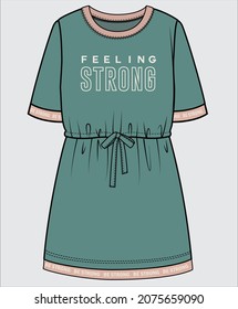 TRENDY SPORTY TERRY DRESS WTH TEXT TAPE DETAIL FOR TEEN AND KID GIRLS IN EDITABLE VECTOR FILE