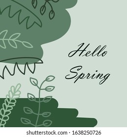 Trendy spring abstract background or card templates with leaves an branches in green colors, vector illustration in popular art style