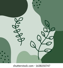 Trendy spring abstract background or card templates with leaves an branches in green colors, vector illustration in popular art style