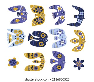 Un conjunto de pájaros con decoración abstracta de primavera de moda. Diferentes pájaros voladores en un estilo hippie boho. Un esquema de colores muy atractivo. Para impresiones, pegatinas, ilustraciones, medios sociales, collage. Recorte divertido y divertido