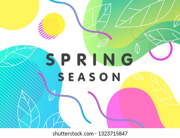 Trendy spring card with bright gradient background,tiny leaves,fluid shapes and geometric elements in memphis style.Bright abstract layout perfect for prints,flyers,banners,invitations,covers and more