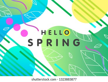 Trendy spring card with bright gradient background,tiny leaves,fluid shapes and geometric elements in memphis style.Bright abstract layout perfect for prints,flyers,banners,invitations,covers and more
