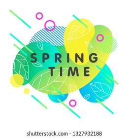 Trendy spring card with bright gradient background,tiny leaves,fluid shapes and geometric elements in memphis style.Bright abstract layout perfect for prints,flyers,banners,invitations,covers and more
