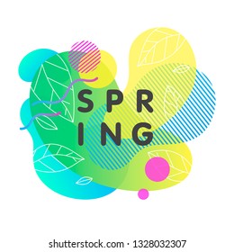 Trendy spring card with bright gradient background,tiny leaves,fluid shapes and geometric elements in memphis style.Bright abstract layout perfect for prints,flyers,banners,invitations,covers and more