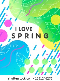 Trendy spring card with bright gradient background,tiny leaves,fluid shapes and geometric elements in memphis style.Bright abstract layout perfect for prints,flyers,banners,invitations,covers and more