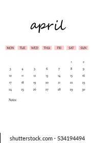 Trendy spring concept for calendar 2017. Stylish weekly and daily planner, organizer and schedule template with notes. 