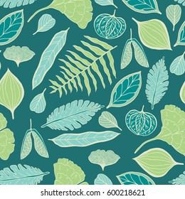 Trendy spring design. Hand drawn seamless vector pattern with leaves and nature elements