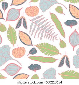 Trendy spring design. Hand drawn seamless vector pattern with leaves and nature elements