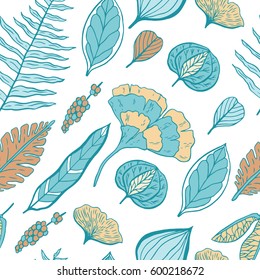 Trendy spring design. Hand drawn seamless vector pattern with leaves and nature elements