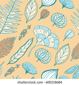 Trendy spring design. Hand drawn seamless vector pattern with leaves and nature elements