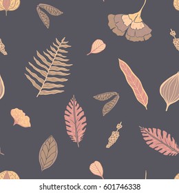 Trendy spring design. Hand drawn seamless vector pattern with leaves and nature elements