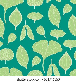 Trendy spring design. Hand drawn seamless vector pattern with leaves and nature elements