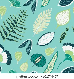 Trendy spring design. Hand drawn seamless vector pattern with leaves and nature elements