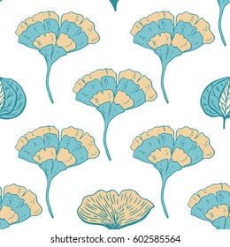 Trendy spring design. Hand drawn seamless vector pattern with leaves and nature elements