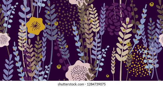 Trendy Spring Floral Pattern. Hand-drawn vector illustration. Lavender flowers on purple background. Seamless ornament for decor, wallpaper, gift paper, souvenir and patchwork design
