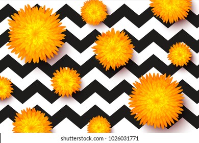 Trendy spring floral vector pattern template with yellow flowers and black zigzag strokes. Modern seasonal abstract background. Fashion print design for cards, banners and posters.