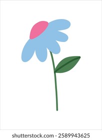 Trendy spring flower doodle style. Flat simple childish blue daisy for card, print, banner, poster, template. Cartoon illustration for children. Hand drawn illustration isolated on white background.