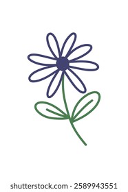 Trendy spring flower outline doodle. Simple childish purple daisy for card, print, banner, poster. Cartoon illustration for children. Hand drawn illustration isolated on white background.