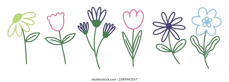 Trendy spring flower outline doodle set. Simple childish flowers for card, print, banner, poster, template. Cartoon illustration for children. Hand drawn illustration isolated on white background.