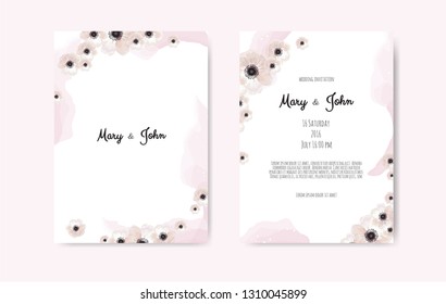 Trendy spring flowers vector invitation templates. Watercolor paint textured petals background.