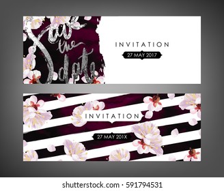 Trendy spring flowers vector invitation templates. Watercolor paint textured petals background. Soft velvet, blossom plum tree and shabby gold textures.